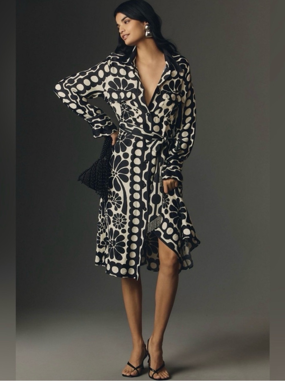 FARM RIO PALERMO Black Ivory Printed Shirt Dress / Belt Tie Waist SZ L EUC $260 - Picture 4 of 16